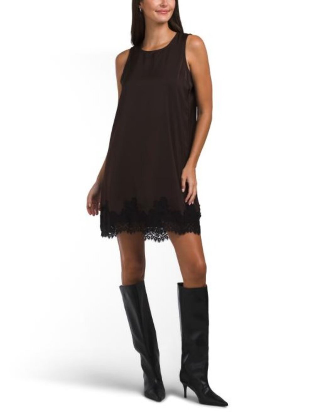 LEA Sleeveless Satin Mini Dress With Lace Trim